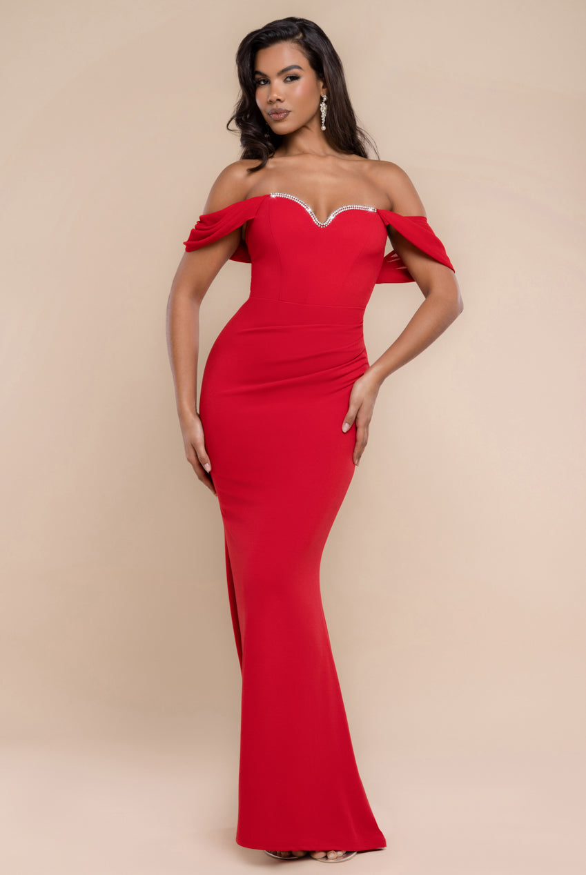 Off The Shoulder Draped Sleeve Maxi Dress With Diamante Neckline - Red DR4588