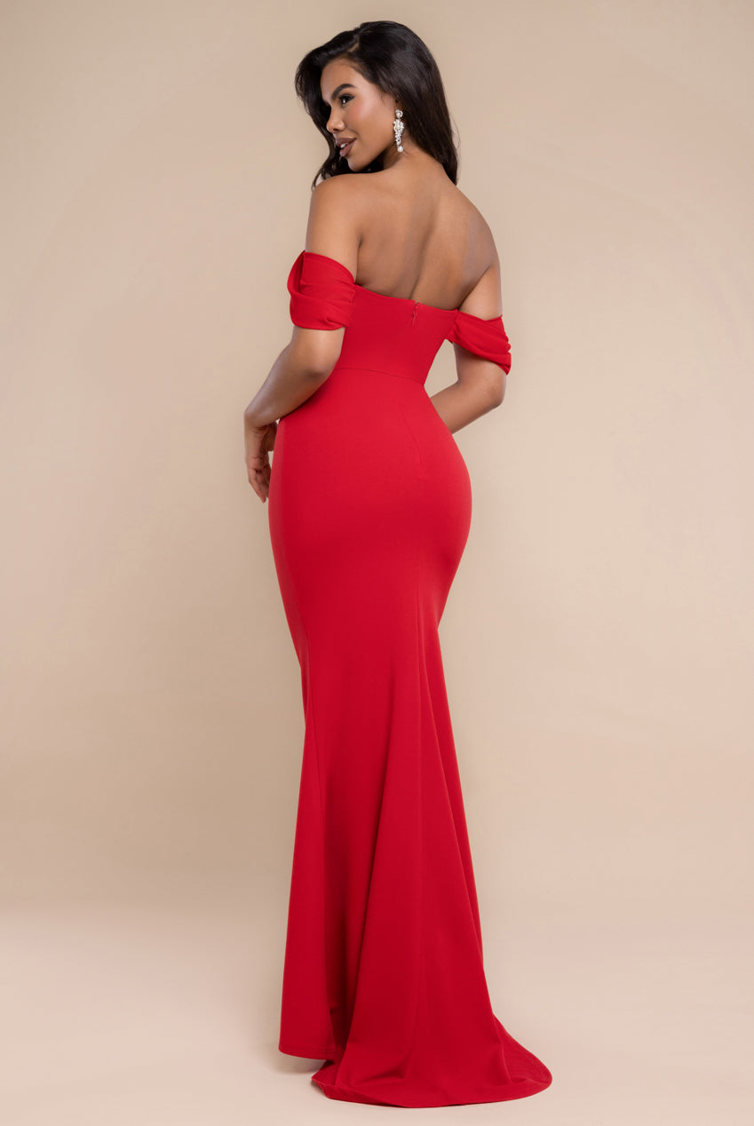 Off The Shoulder Draped Sleeve Maxi Dress With Diamante Neckline - Red DR4588