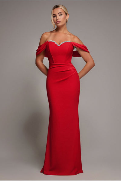 Red - Off The Shoulder Draped Sleeve Maxi Dress With Diamante Neckline - Red by Goddiva