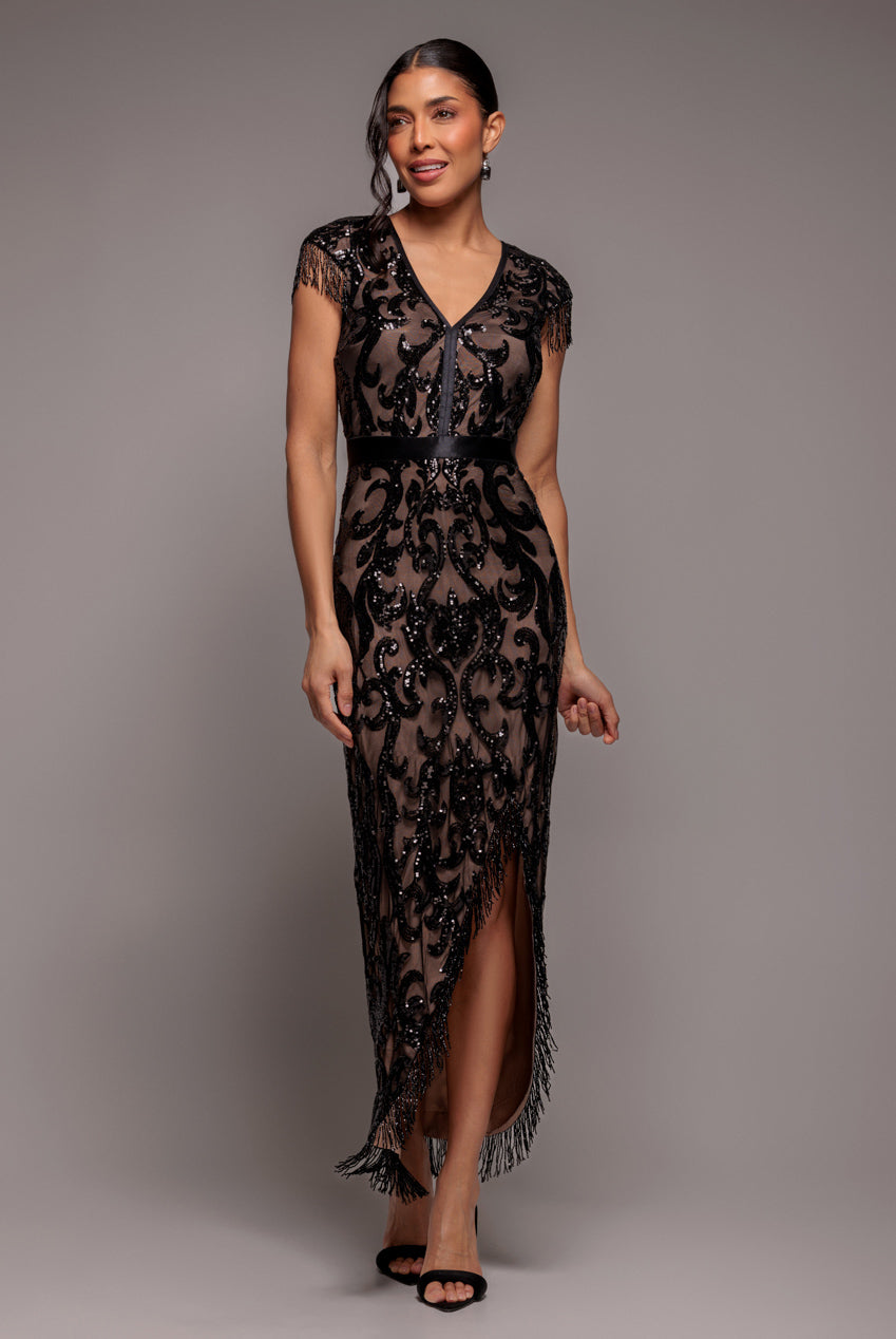 Embroidered Sequin Tassel Front Split Midaxi Dress - Black DR4590
