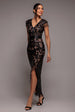Embroidered Sequin Tassel Front Split Midaxi Dress - Black by Goddiva