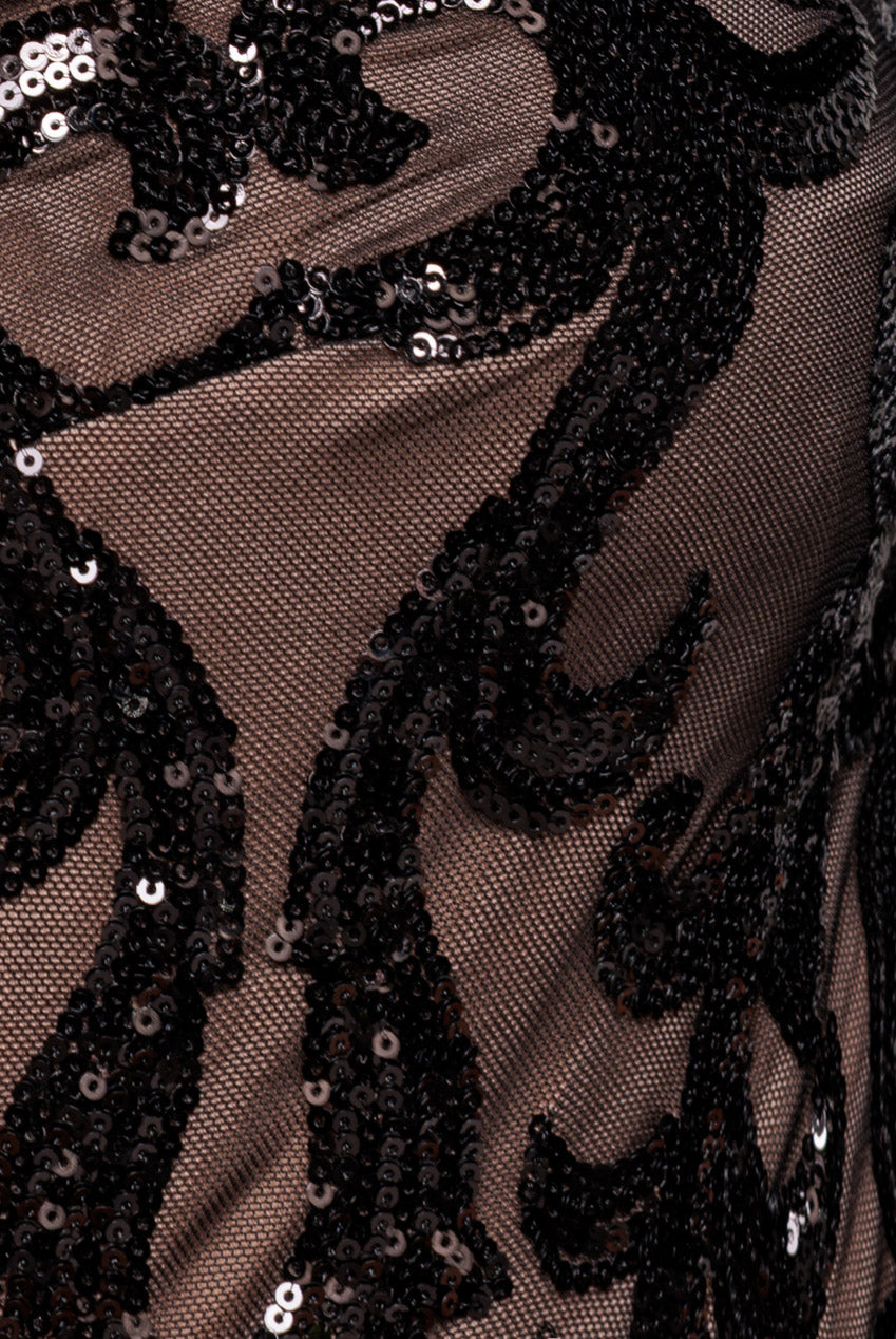 Embroidered Sequin Tassel Front Split Midaxi Dress - Black DR4590