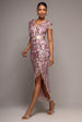 Embroidered Sequin Tassel Front Split Midaxi Dress - Blush Pink by Goddiva
