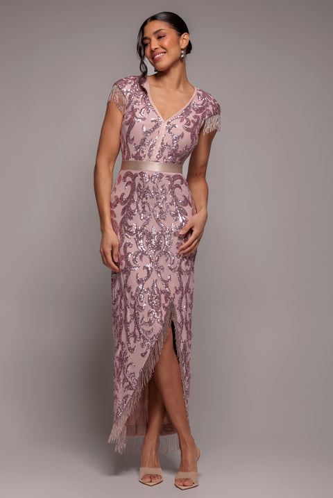 Embroidered Sequin Tassel Front Split Midaxi Dress - Blush Pink by Goddiva