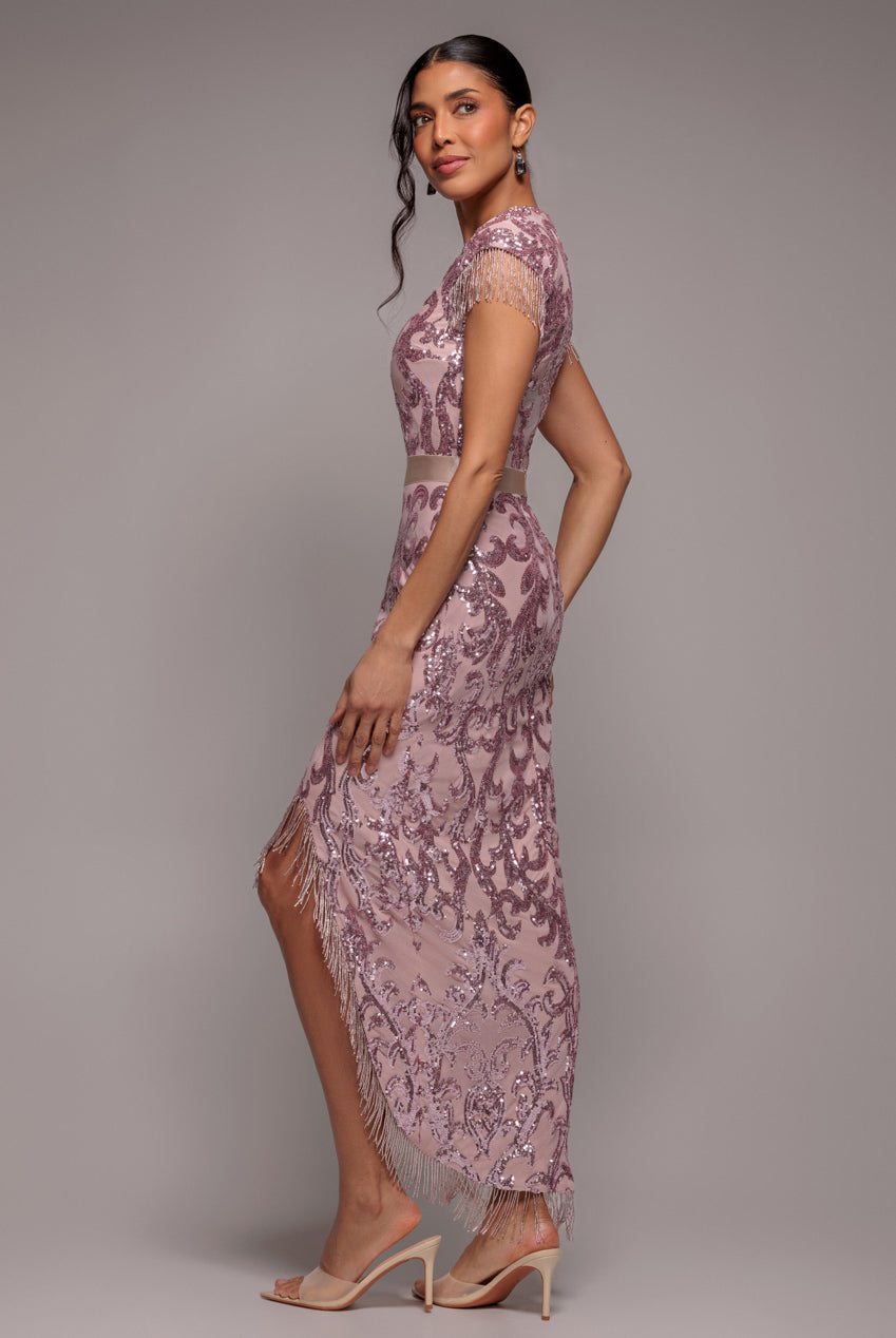Embroidered Sequin Tassel Front Split Midaxi Dress - Blush Pink DR4590