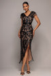 Embroidered Sequin Tassel Front Split Midaxi Dress - Black by Goddiva