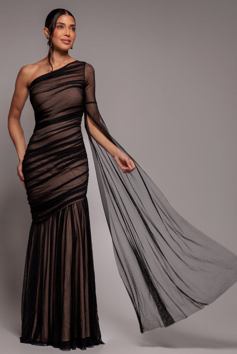 Gathered One Sleeve Angel Wing Mermaid Maxi Dress - Black by Goddiva