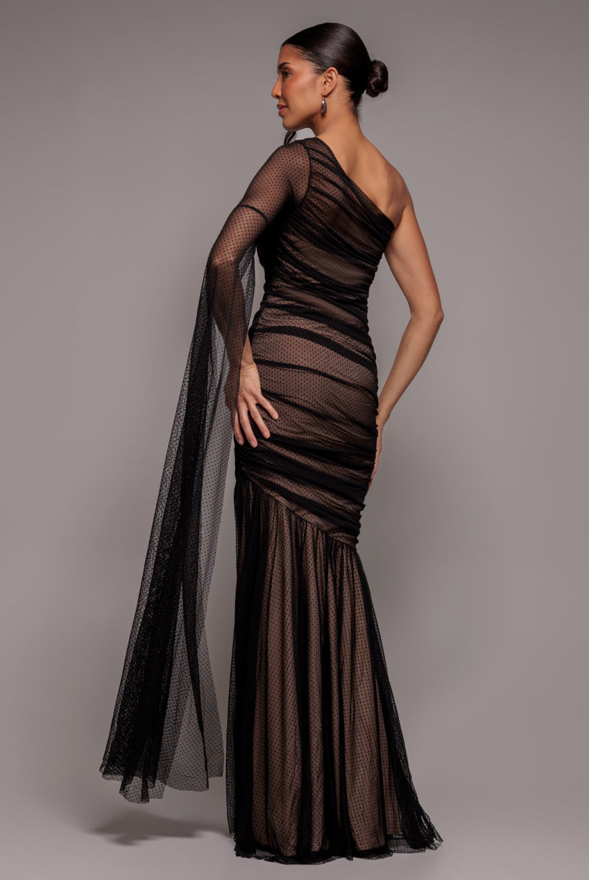 Gathered One Sleeve Angel Wing Mermaid Maxi Dress - Black DR4593