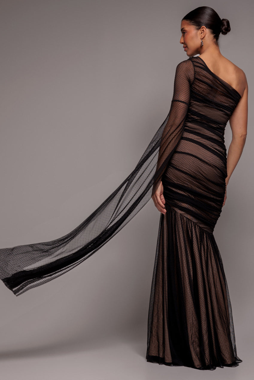 Gathered One Sleeve Angel Wing Mermaid Maxi Dress - Black DR4593