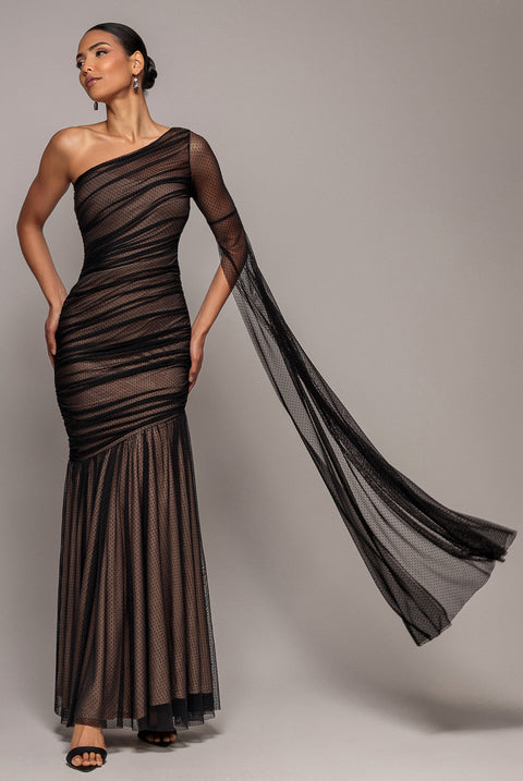 Gathered One Sleeve Angel Wing Mermaid Maxi Dress - Black by Goddiva