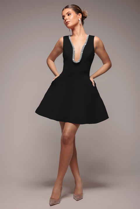 Diamante Embellished Neck A-Line Mini Dress - Black by Goddiva