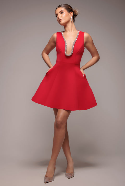Diamante Embellished Neck A-Line Mini Dress - Red by Goddiva
