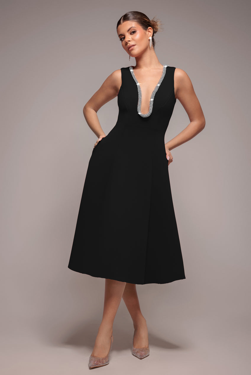 Diamante Embellished Neck A-Line Midi Dress - Black DR4599