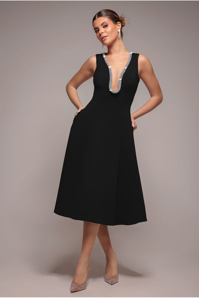 Black - Diamante Embellished Neck A-Line Midi Dress - Black by Goddiva
