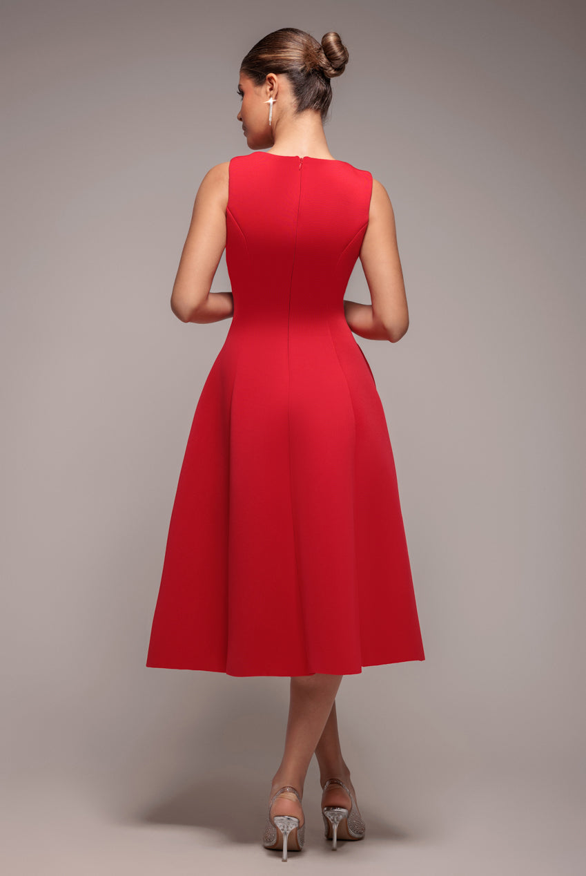 Diamante Embellished Neck A-Line Midi Dress - Red DR4599