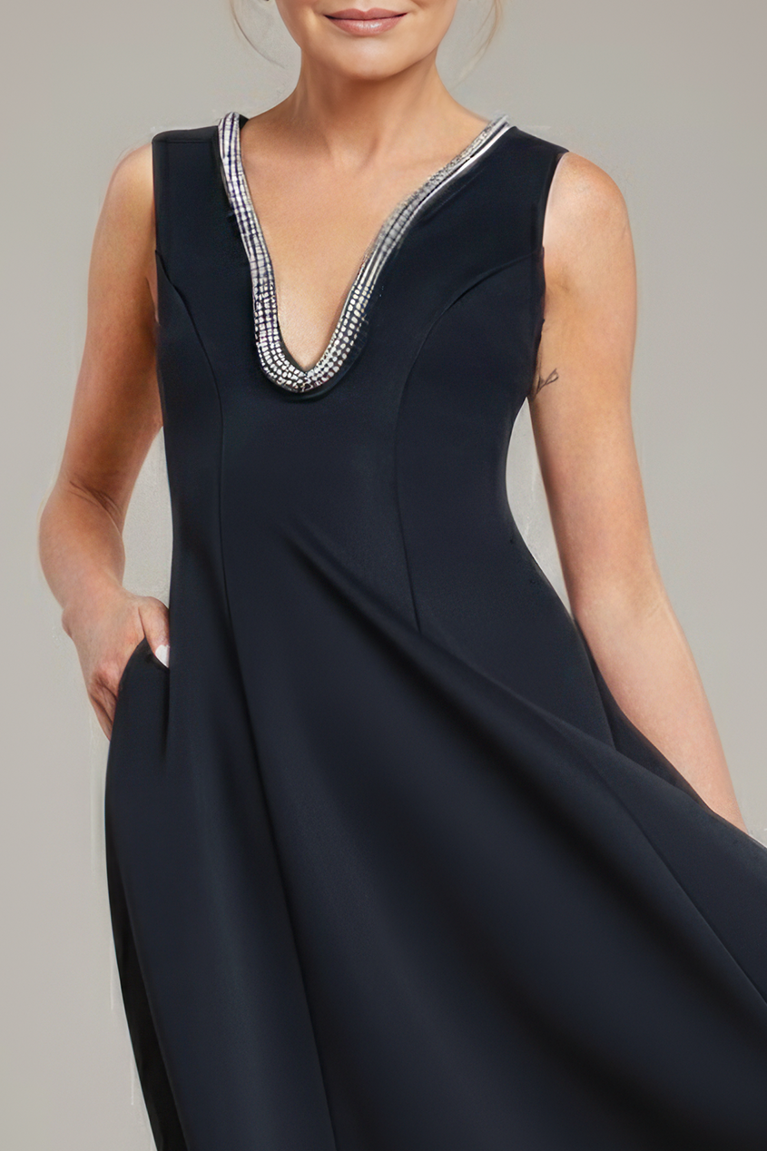 Diamante Embellished Neck A-Line Midi Dress - Black DR4599M