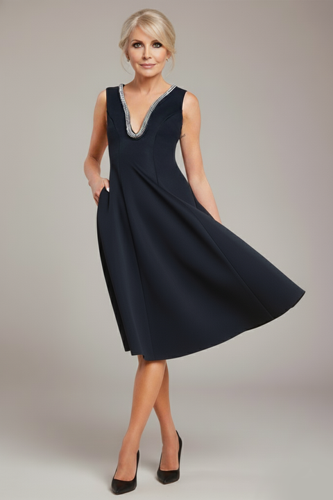 Diamante Embellished Neck A-Line Midi Dress - Black by Goddiva