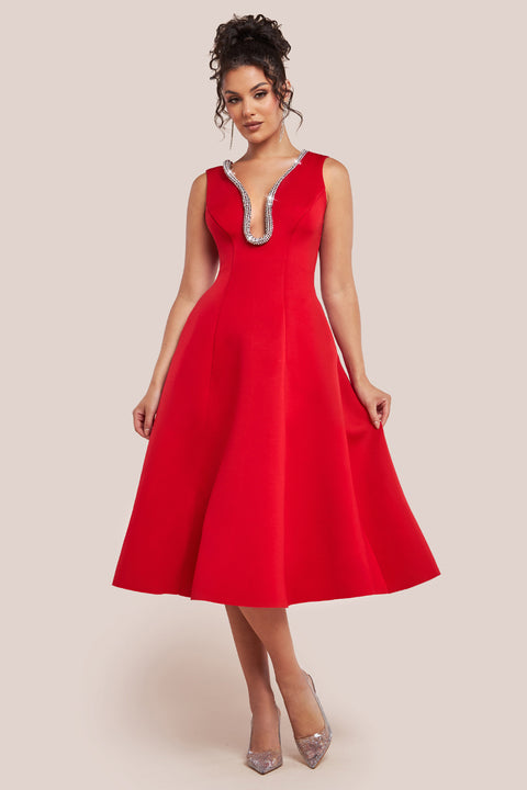 Diamante Embellished Neck A-Line Midi Dress - Red by Goddiva