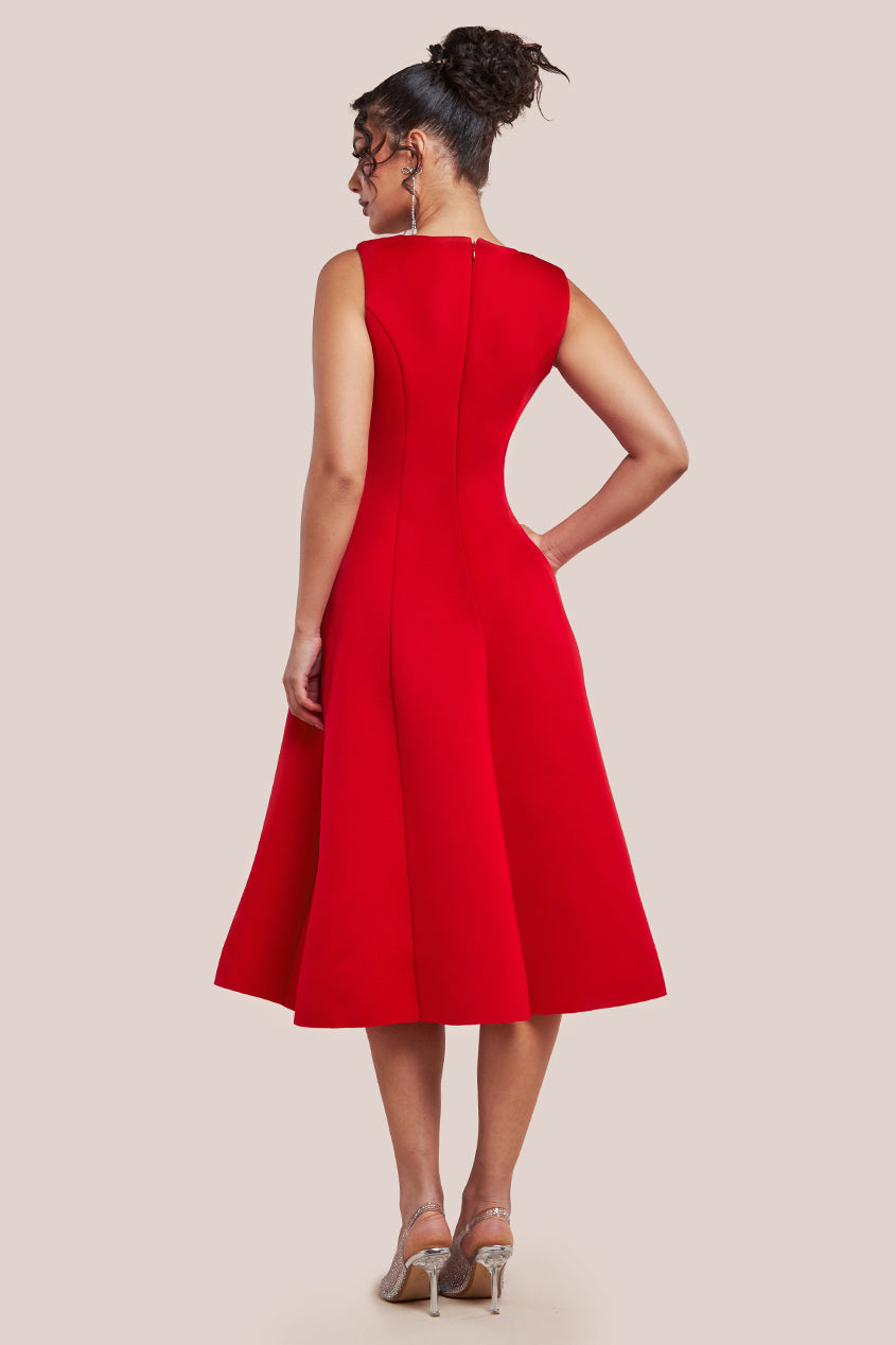 Diamante Embellished Neck A-Line Midi Dress - Red DR4599