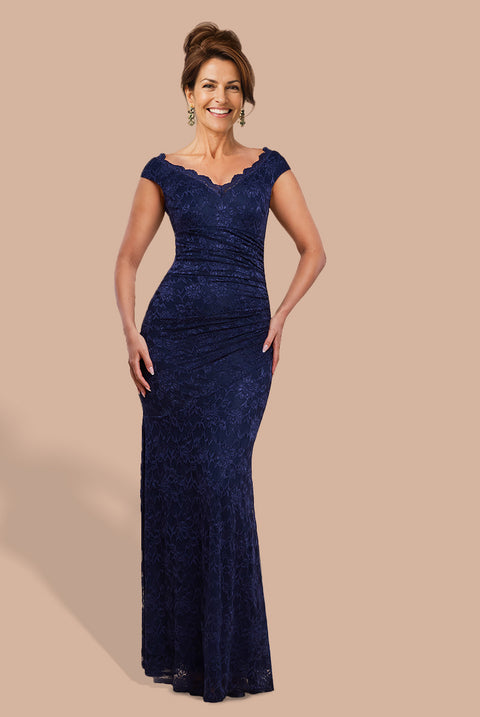 Off The Shoulder Scalloped Neck Maxi Dress - Navy Blue by Goddiva