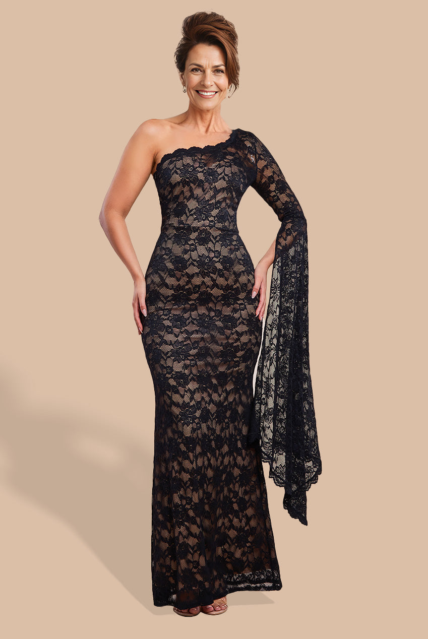 One Shoulder Scalloped Neck Maxi Dress - Black DR4601M