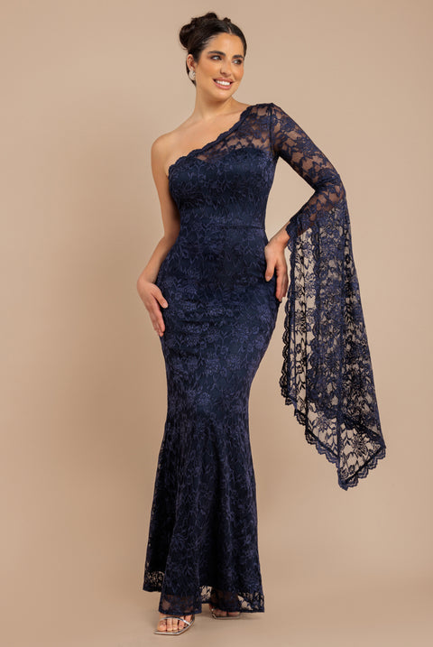 One Shoulder Scalloped Neck Maxi Dress - Navy Blue by Goddiva