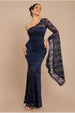 One Shoulder Scalloped Neck Maxi Dress - Navy Blue by Goddiva
