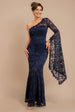 One Shoulder Scalloped Neck Maxi Dress - Navy Blue by Goddiva