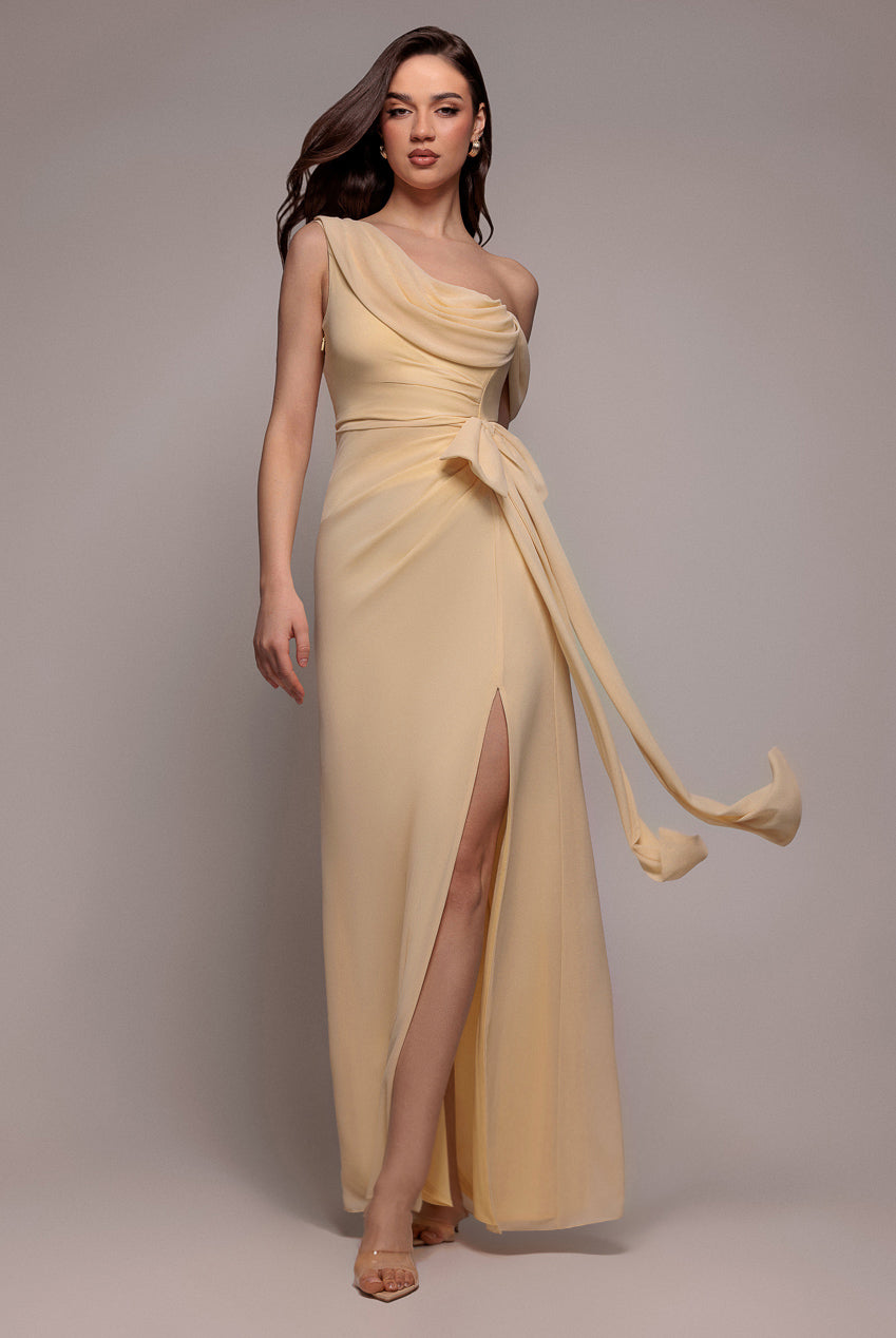 One Shoulder Cowl With Bow Detail Maxi Dress - Butter Yellow DR4606
