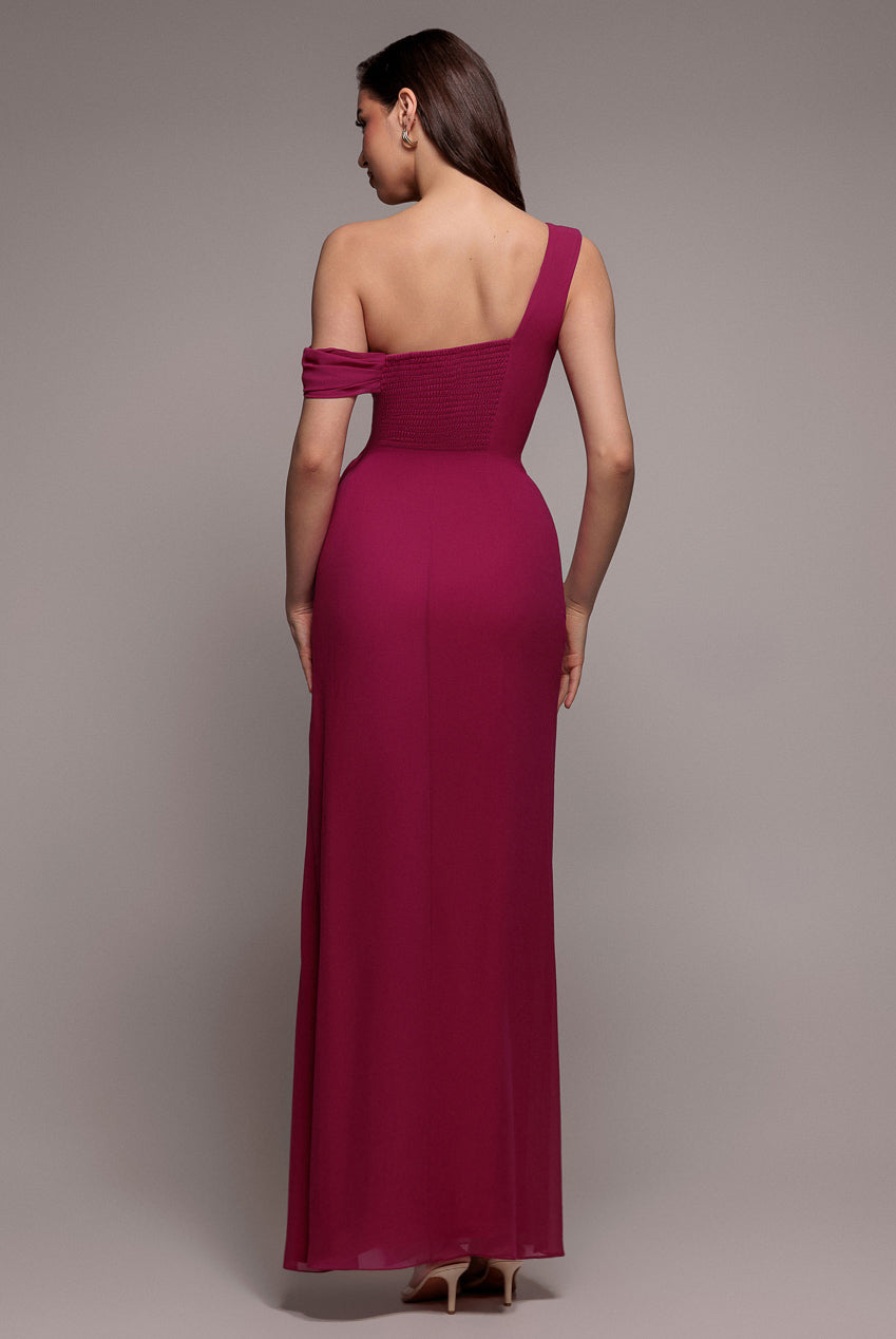 One Shoulder Cowl With Bow Detail Maxi Dress - Magenta DR4606