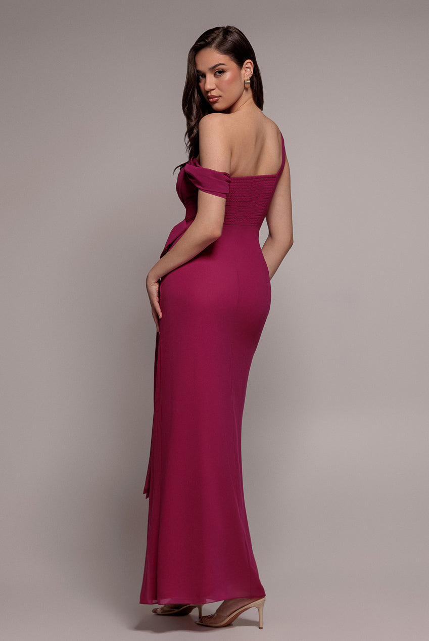 One Shoulder Cowl With Bow Detail Maxi Dress - Magenta DR4606