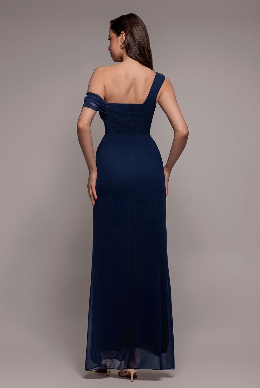 One Shoulder Cowl With Bow Detail Maxi Dress - Navy Blue DR4606