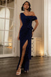 One Shoulder Cowl With Bow Detail Maxi Dress - Navy Blue by Goddiva