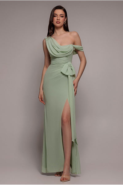 One Shoulder Cowl With Bow Detail Maxi Dress - Sage Green by Goddiva
