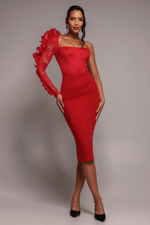 One Shoulder Organza  Fan Detail Lace Bodice Midi Dress - Red by Goddiva
