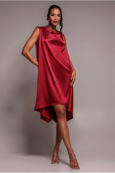 Berry - Cowl Neck Back Wing Satin High Low Midi Dress - Berry by Goddiva