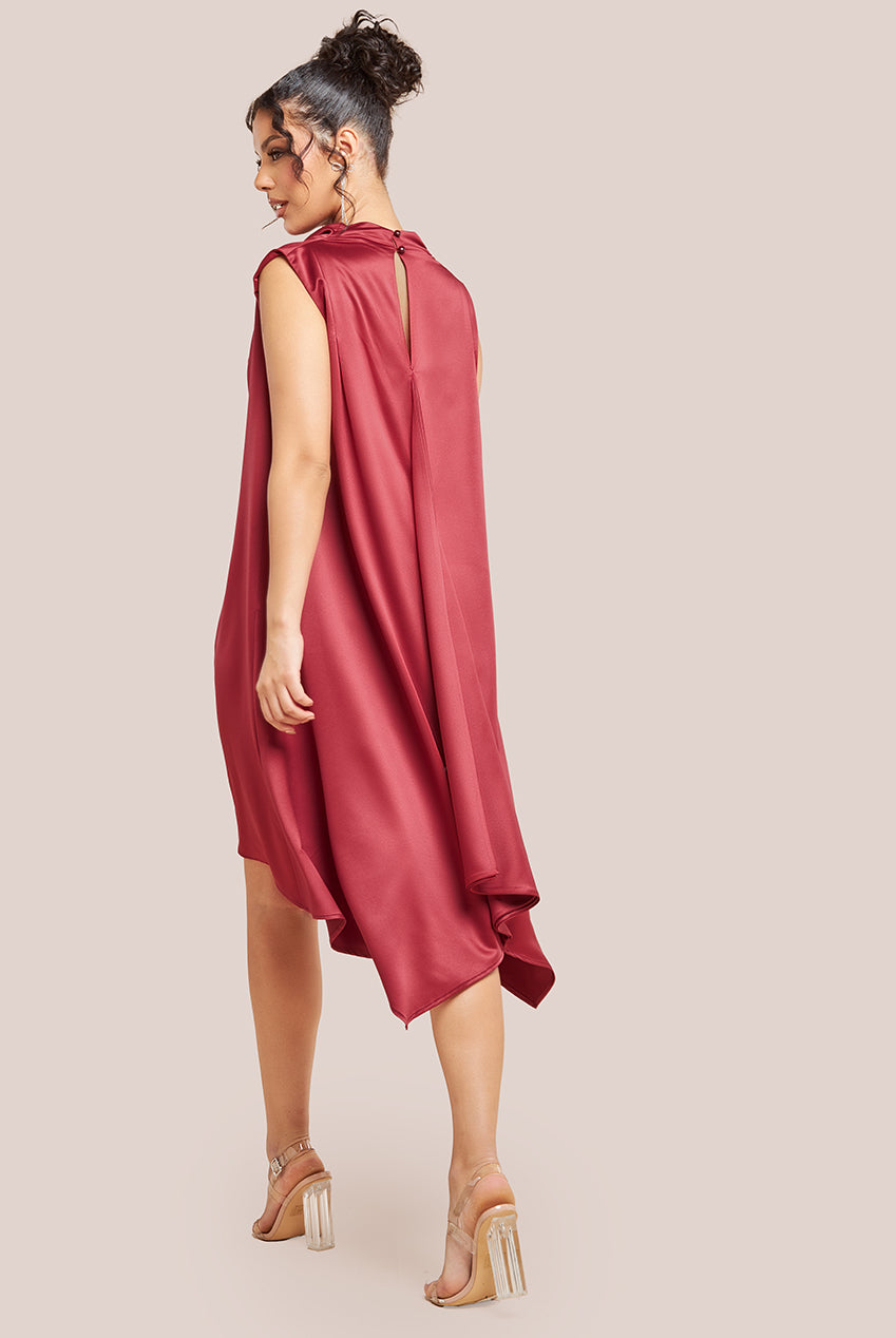 Cowl Neck Back Wing Satin High Low Midi Dress - Berry DR4608