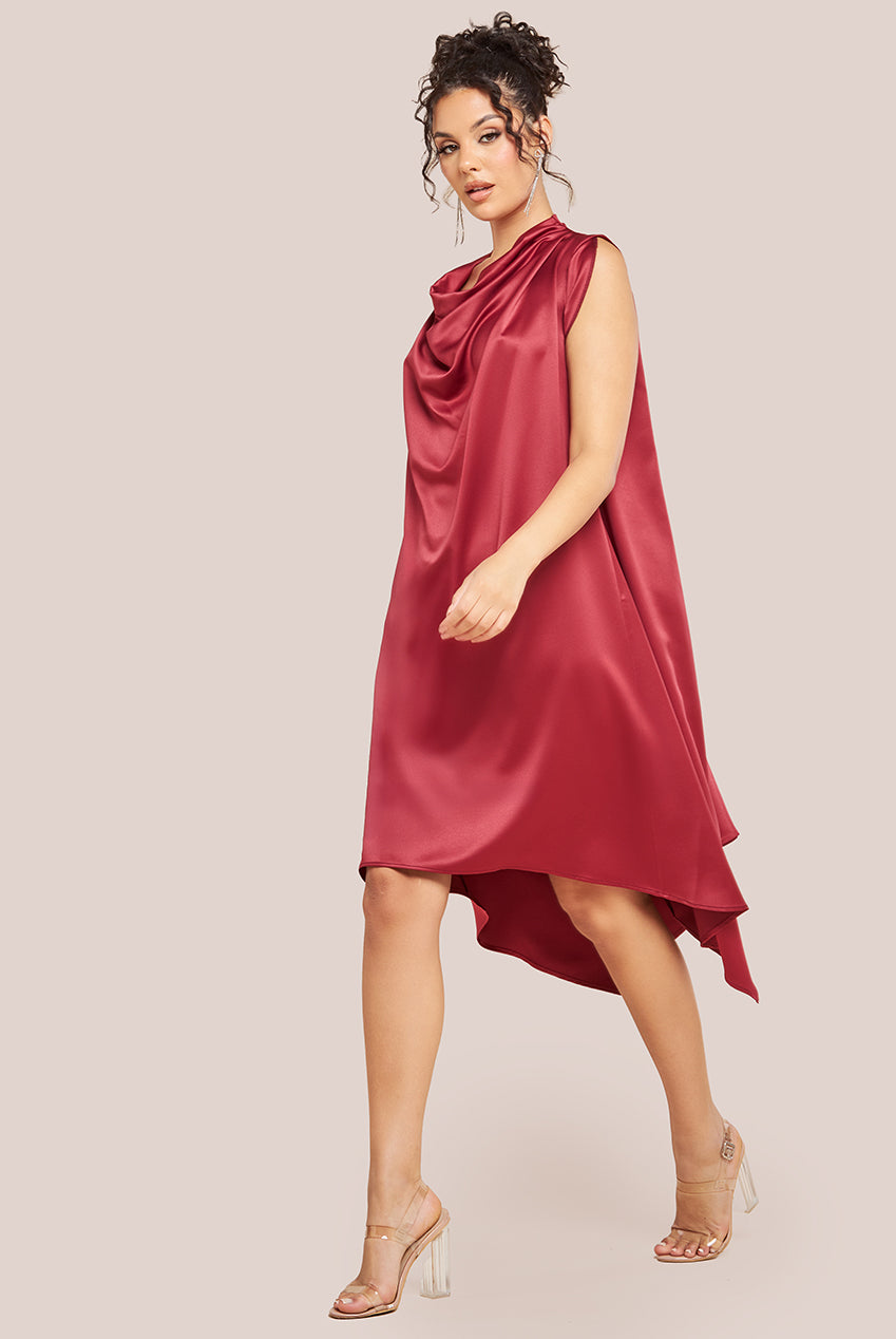 Cowl Neck Back Wing Satin High Low Midi Dress - Berry DR4608