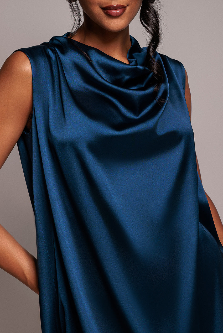 Cowl Neck Back Wing Satin High Low Midi Dress - Navy Blue DR4608