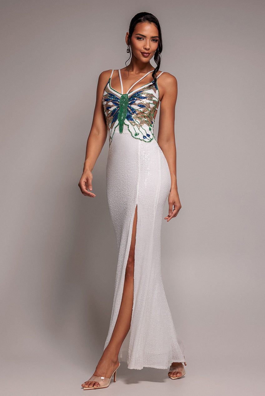 Sequin Butterfly Front Split Maxi Dress - White DR4609