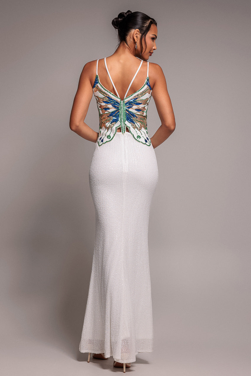 Sequin Butterfly Front Split Maxi Dress - White DR4609
