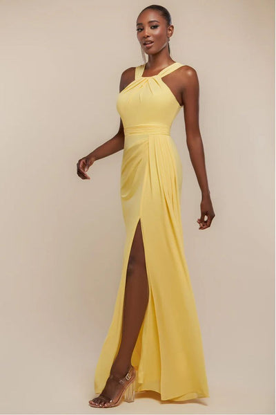 Halterneck Thigh Split Chiffon Maxi Dress - Lemon | Goddiva Halterneck Thigh Split Chiffon Maxi Dress - Lemon | Goddiva