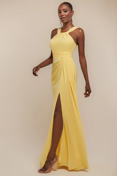 Goddiva Halterneck Thigh Split Chiffon Maxi Dress - Lemon