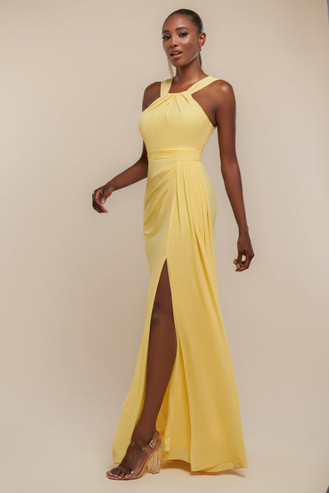 Goddiva Halterneck Thigh Split Chiffon Maxi Dress - Lemon