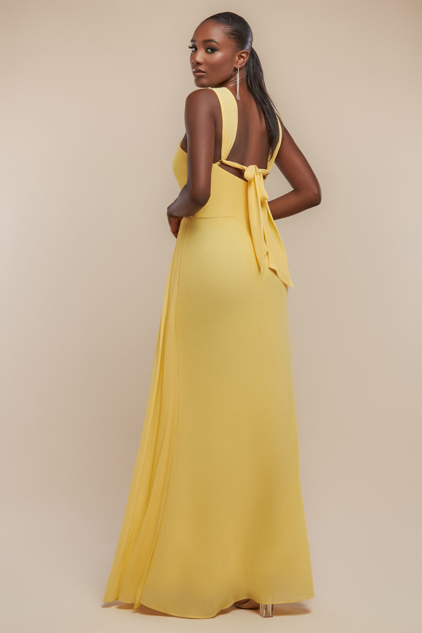 Halterneck Thigh Split Chiffon Maxi Dress - Lemon | Goddiva Halterneck Thigh Split Chiffon Maxi Dress - Lemon | Goddiva