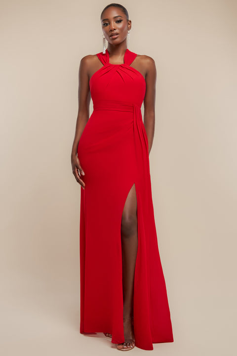 Goddiva Halterneck Thigh Split Chiffon Maxi Dress - Red