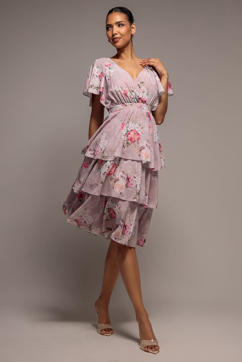 Chiffon Tiered Midi Dress With Elasticated Waist - Blush Pink DR4611BBS