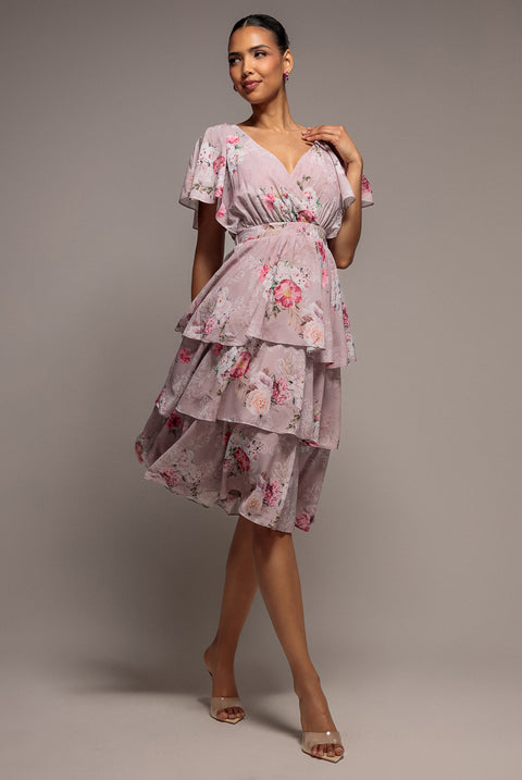 Chiffon Tiered Midi Dress With Elasticated Waist - Blush Pink by Goddiva