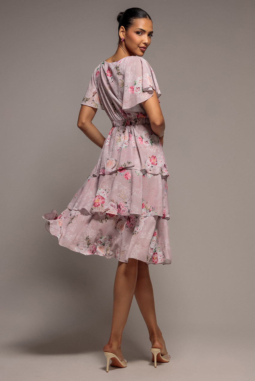 Chiffon Tiered Midi Dress With Elasticated Waist - Blush Pink DR4611BBS