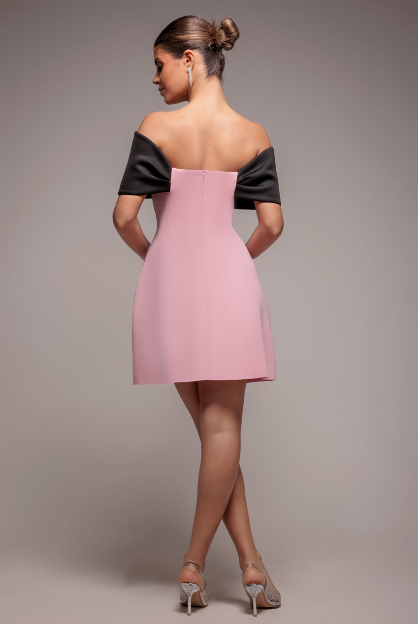 Front Bow Off The Shoulder Mini Dress - Blush Black DR4613CONTRAST